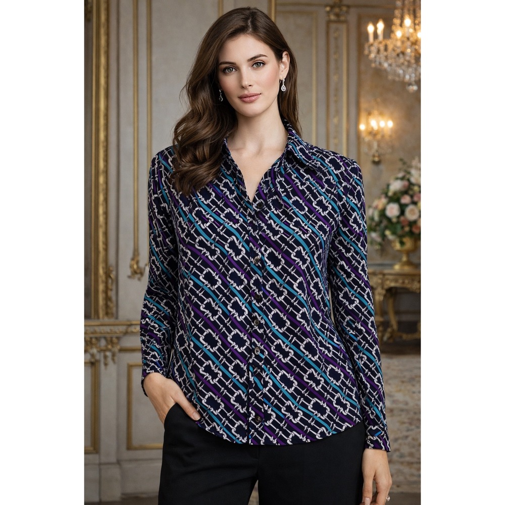 Dana Buchman Blouse Top Teal Geometric‎ Sz Medium Stretchy Career Chic